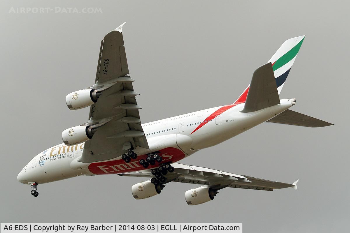 A6-EDS, 2011 Airbus A380-861 C/N 086, Airbus A380-861 [086] (Emirates Airlines) Home~G 03/08/2014. On approach 27R.