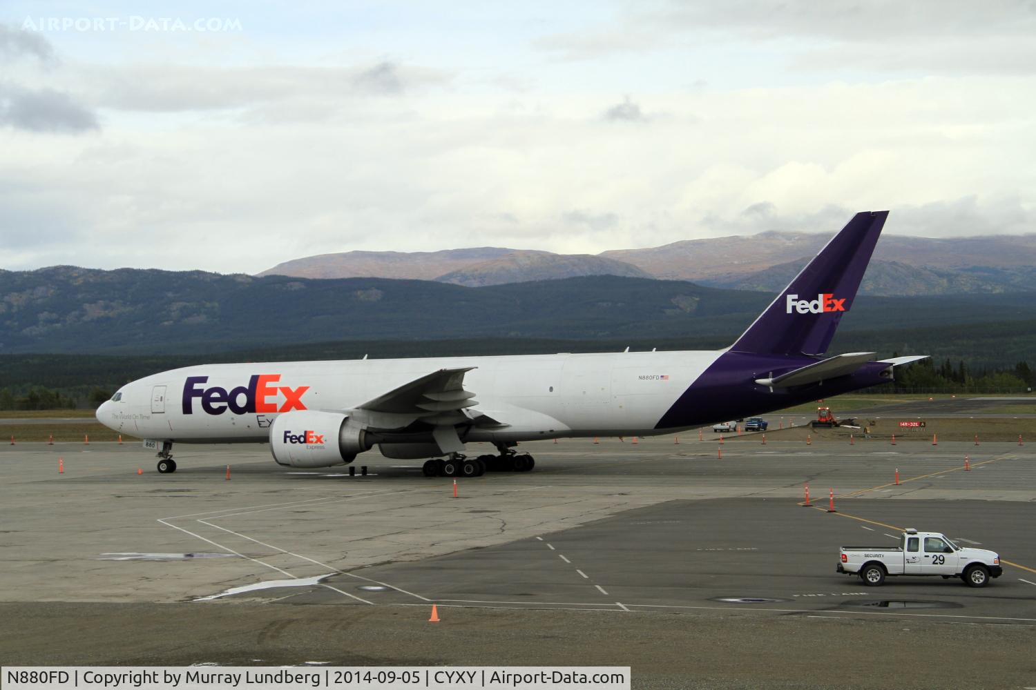 N880FD, 2008 Boeing 777-F28 C/N 32967, CYXY, Whitehorse, Yukon, was closed for an hour at 08:00 on 2014-09-04 when N880FD made an emergency landing and was kept on the main runway while being assessed. Shown here on the ramp later.