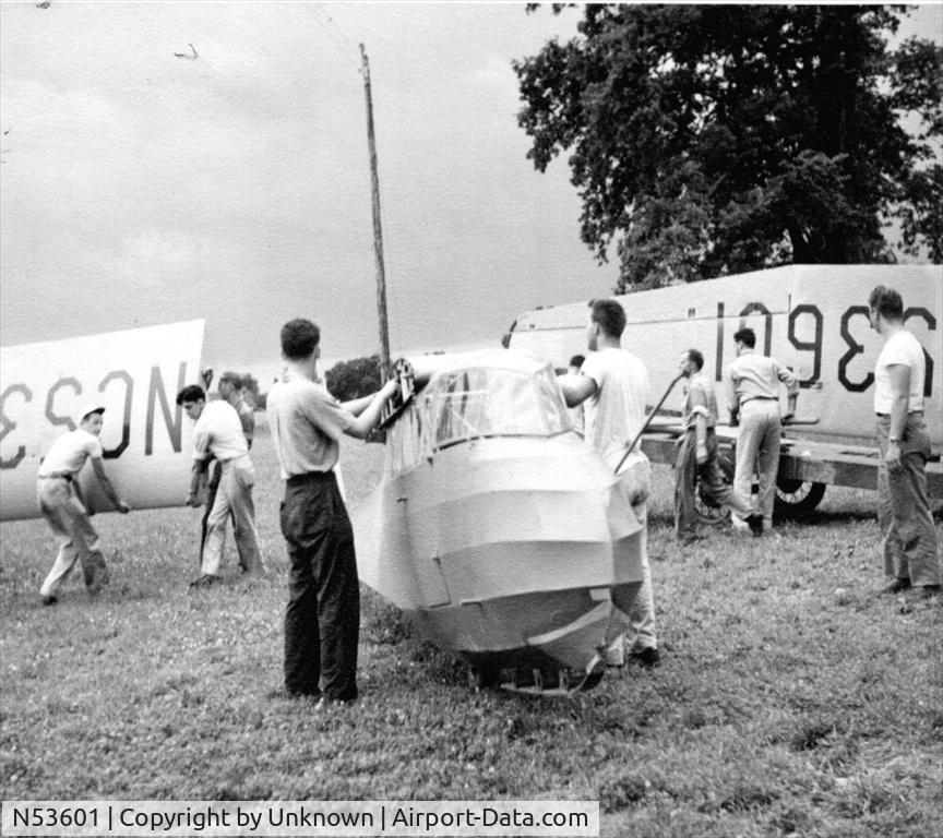 N53601, Frankfort TG-1A C/N B239, From a collection of photos showing a Michigan glider club and Frankfort Sailplane B2-39, NC53601.  This collection shows the glider on its trailer w/late 1920's sedan, Model A  coupe towing Ford flathead V-8 powered winch, assembly, flight, and members.