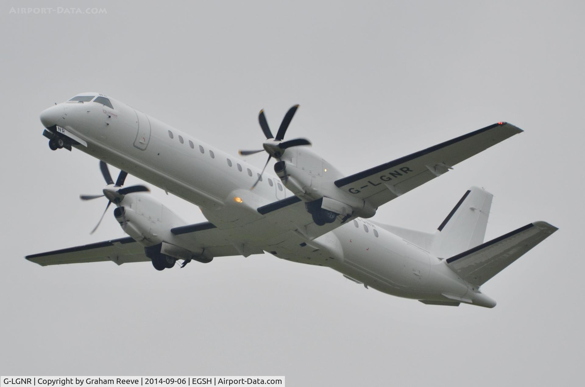 G-LGNR, 1993 Saab 2000 C/N 2000-004, departing from Norwich.