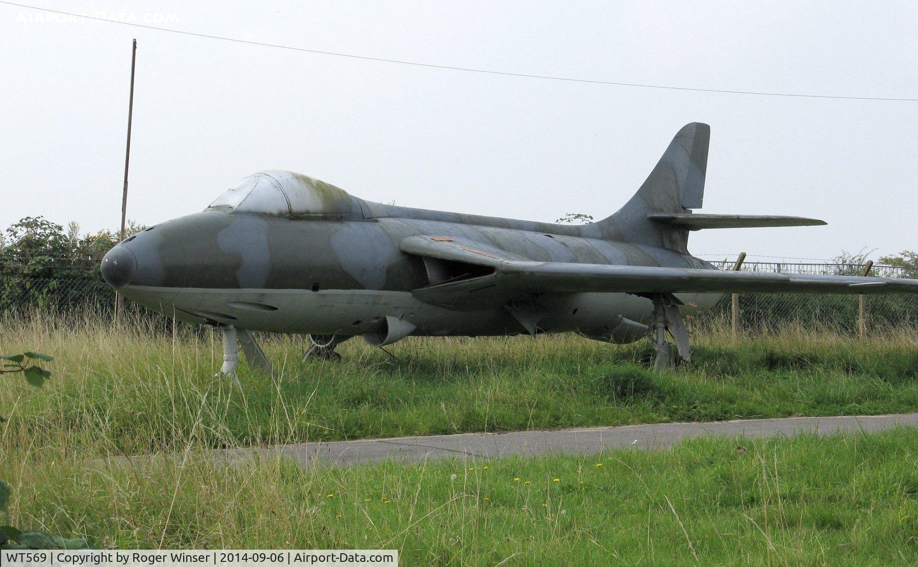 WT569, 1953 Hawker Hunter F.1 C/N 41H/665419, Off airport. Became RAF maintenance airframe 7491M and is now the gate guardian for 2117 (Kenfig Hill) Squadron ATC. Kenfig Hill, Wales , UK