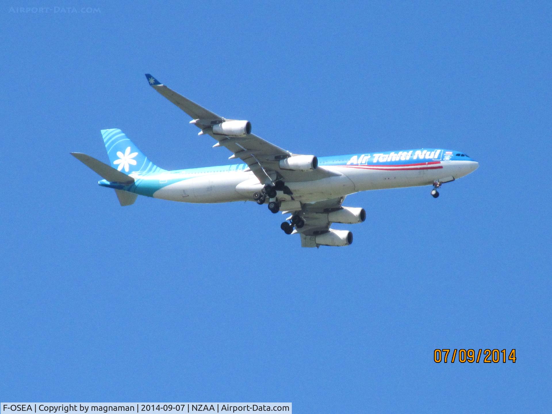F-OSEA, 2001 Airbus A340-313 C/N 438, landing at AKL today - overhead flat bush