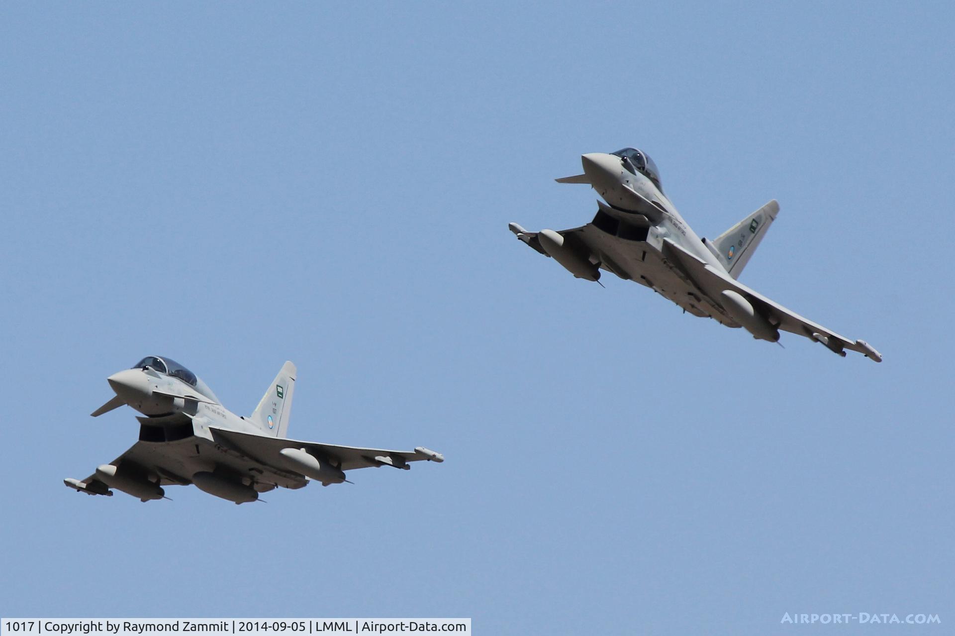 1017, 2014 Eurofighter EF-2000 Typhoon T.3 C/N ???/CT016, Eurofighters 1017 and 1019 of the Royal Saudi Air Force on the break to land at Malta during delivery
flight.