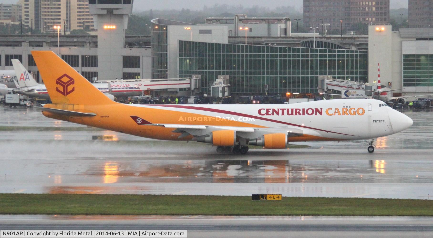 N901AR, 1997 Boeing 747-4R7F/SCD C/N 25868, Centurion Cargo 747-400 departing MIA in a thunderstorm