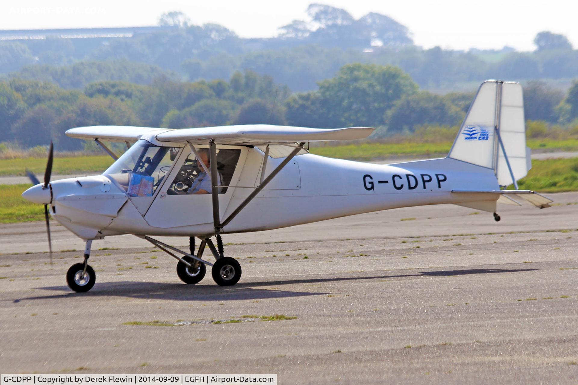 G-CDPP, 2005 Comco Ikarus C42 FB100 VLA C/N PFA 322-14423, Visiting Ikarus, Maesybont-Coetir Bach Farm LLanelli based, seen taxxing, shortly after landing on runway 22 at EGFH.