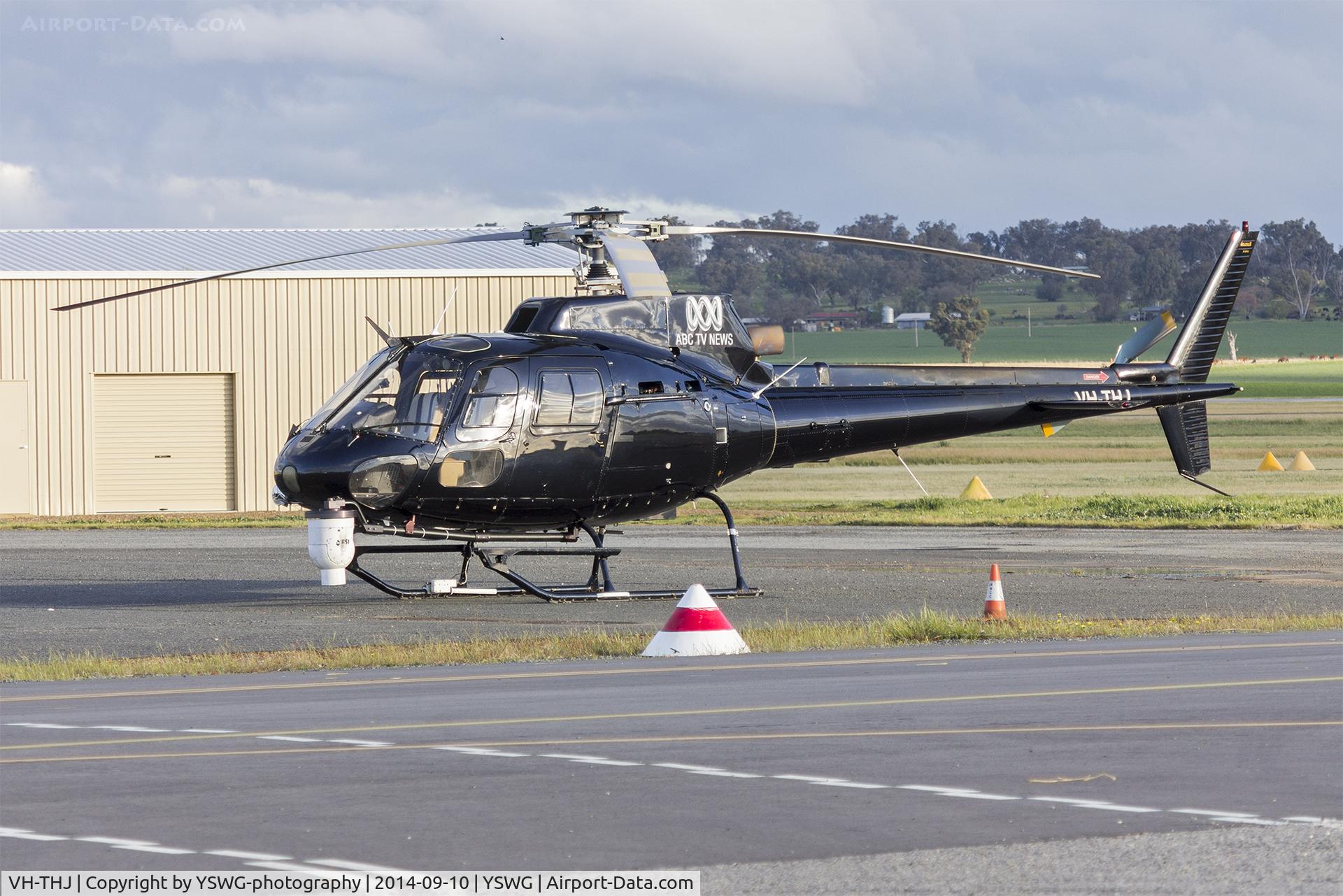 VH-THJ, 1984 Aérospatiale AS-350BA Ecureuil C/N 1759, The Helicopter Service Australia (VH-THJ) Aerospatiale AS350BA, operated for ABC TV, at Wagga Wagga Airport.
