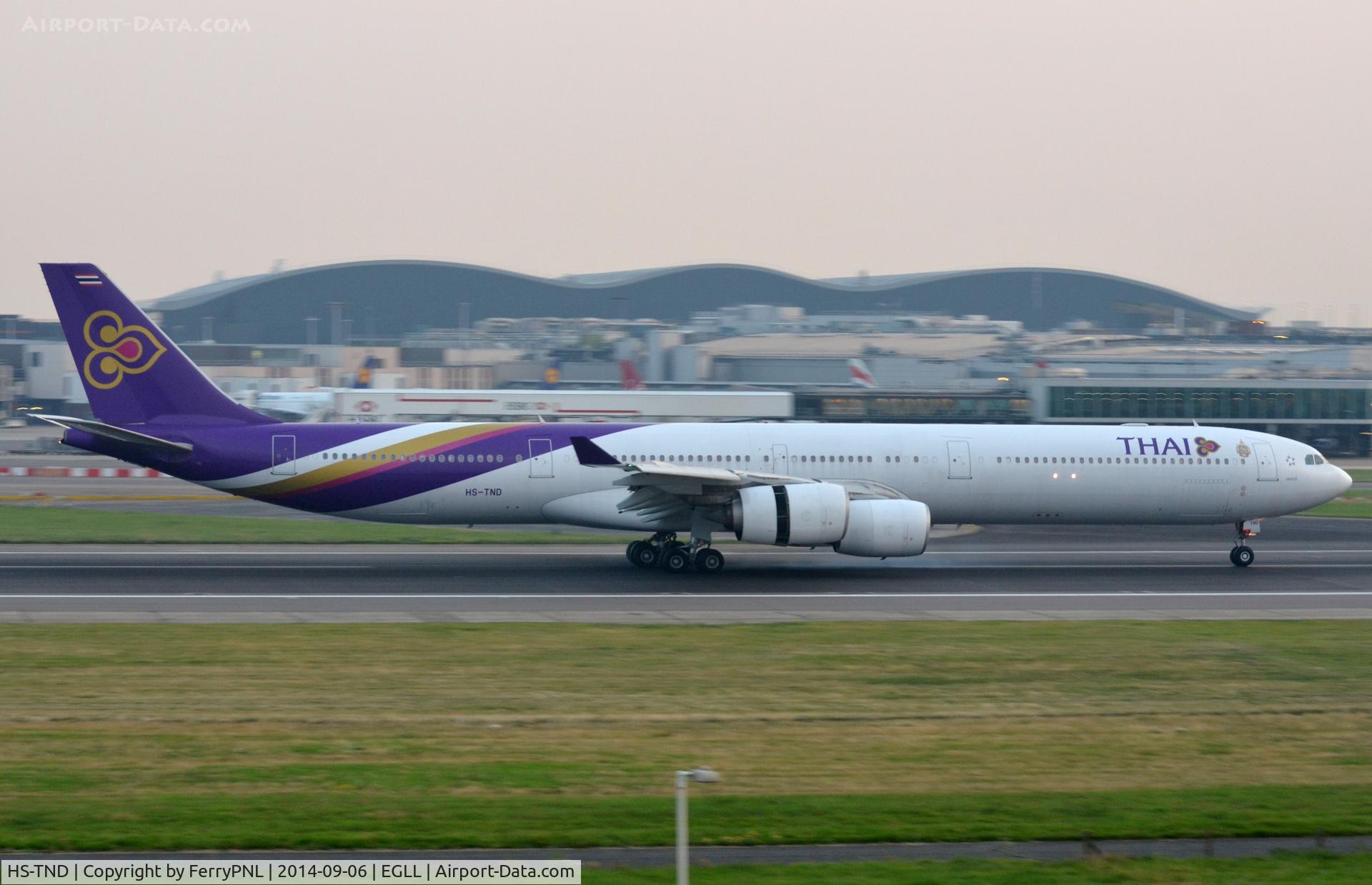 HS-TND, 2005 Airbus A340-642 C/N 710, Thai A346 arriving at sunset.