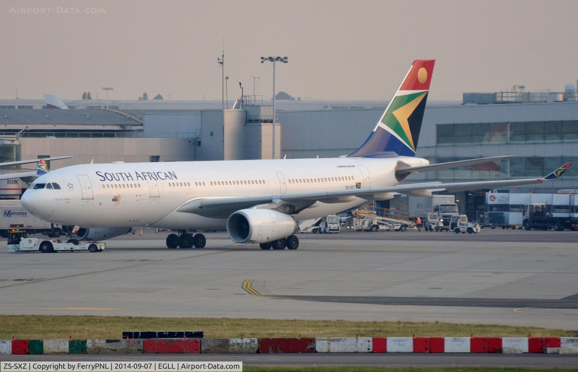ZS-SXZ, 2010 Airbus A330-243 C/N 1191, SA A332 towed to parking stand for the day.