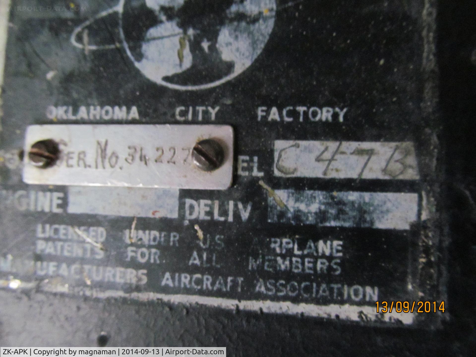ZK-APK, 1945 Douglas C-47B Skytrain C/N 34227, c/n plate in cockpit - C47B