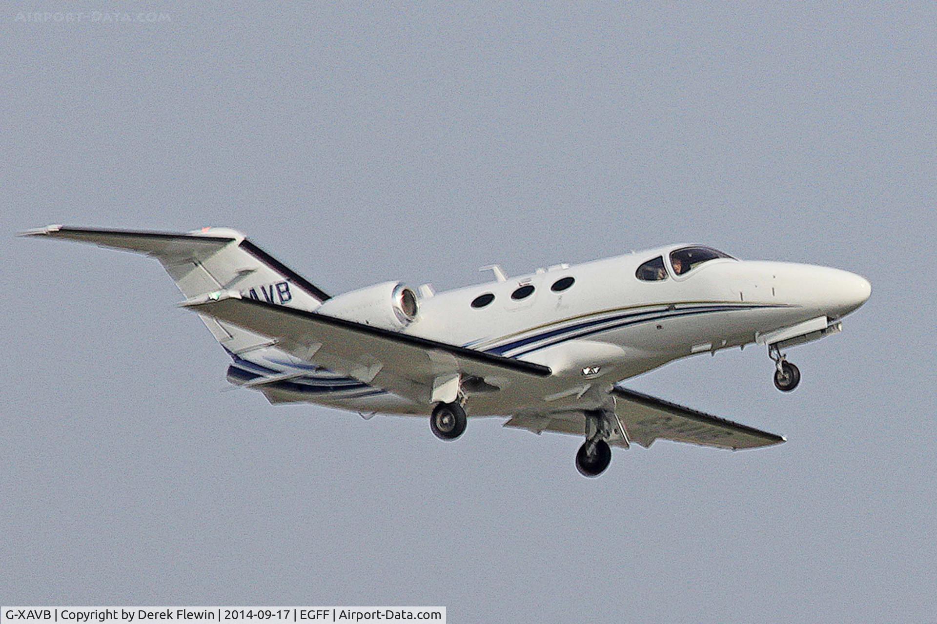 G-XAVB, 2010 Cessna 510 Citation Mustang Citation Mustang C/N 510-0283, Visiting Citation Mustang, Jersey based, callsign Beaupair 5571, seen departing runway 12 at EGFF, en-route to Jersey.