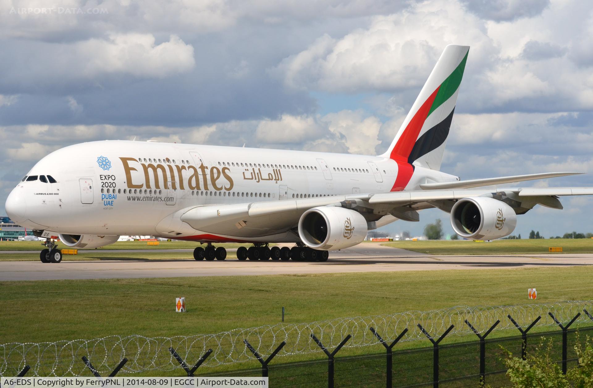 A6-EDS, 2011 Airbus A380-861 C/N 086, Emirates A388 ready for departure from MAN.