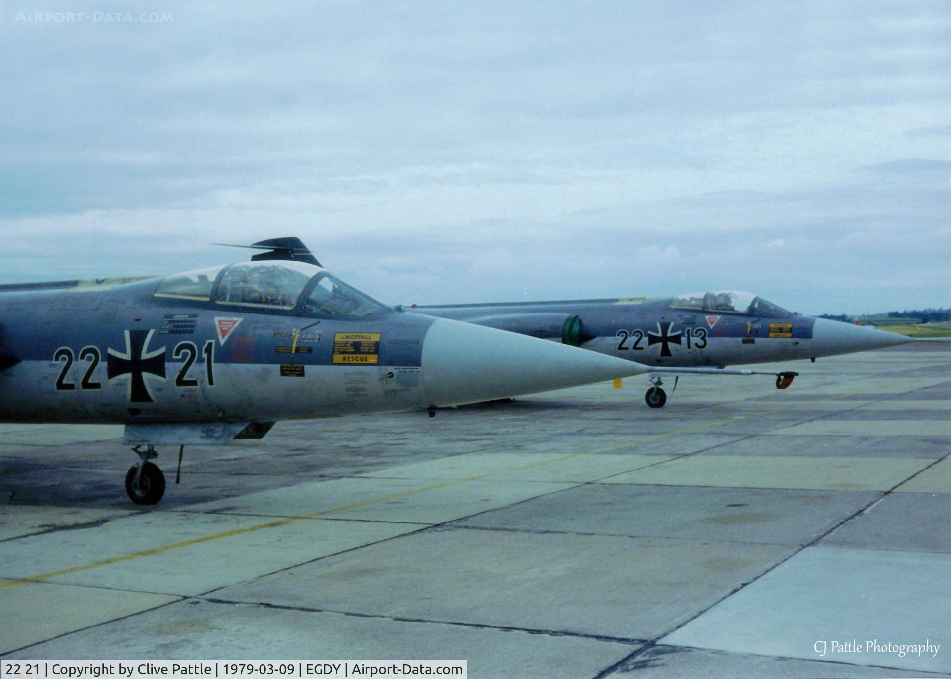 22 21, Lockheed F-104G Starfighter C/N 683-7094, Scanned from print. WGN Lockheed F104G Starfighter 22+21 pictured with 22+13 on the ramp at RNAS Yeovilton EGDY in March '79.