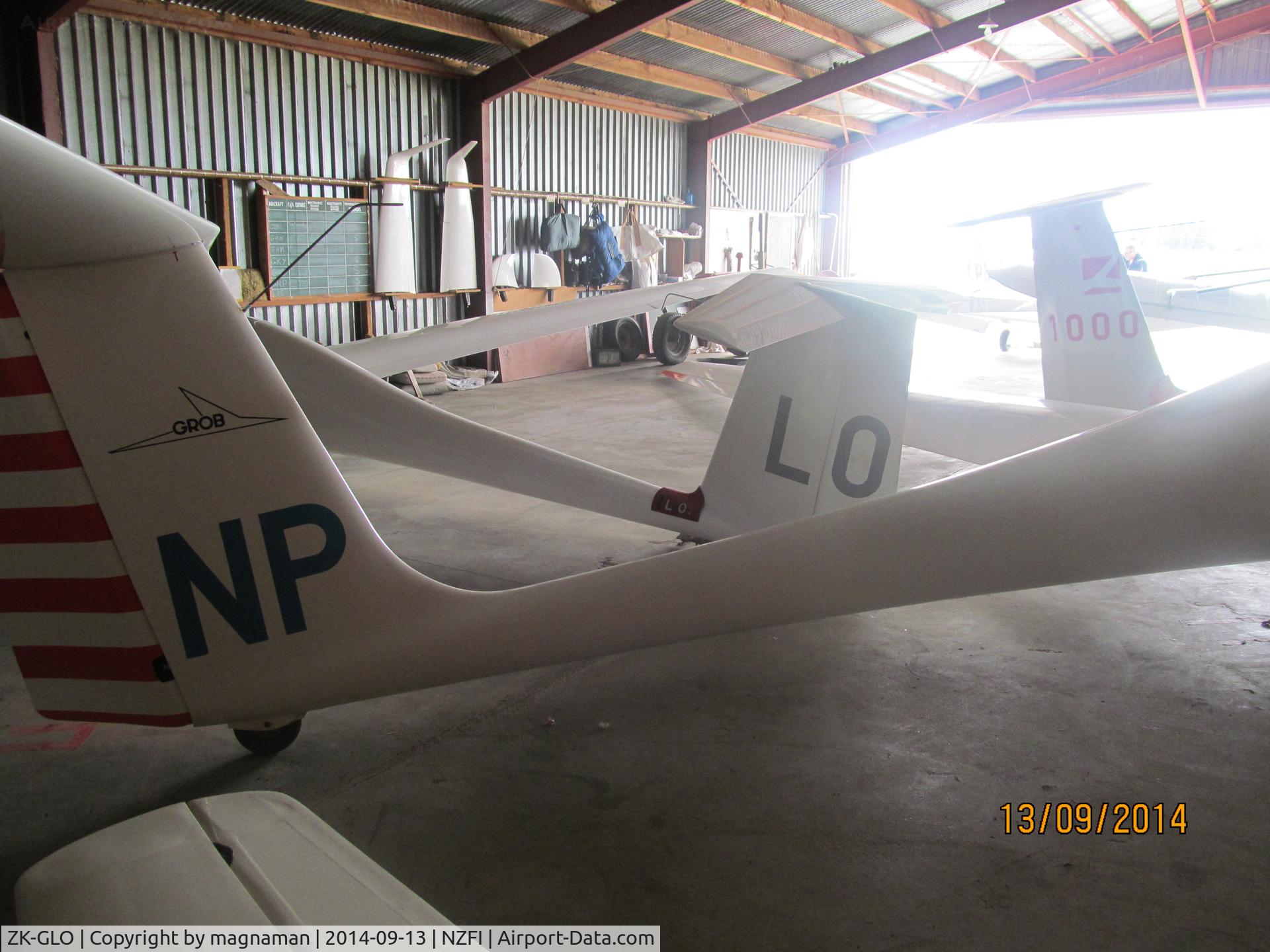 ZK-GLO, Schempp-Hirth Mini-Nimbus HS7 C/N 25, a bit of it anyway!! Crowded hangar.