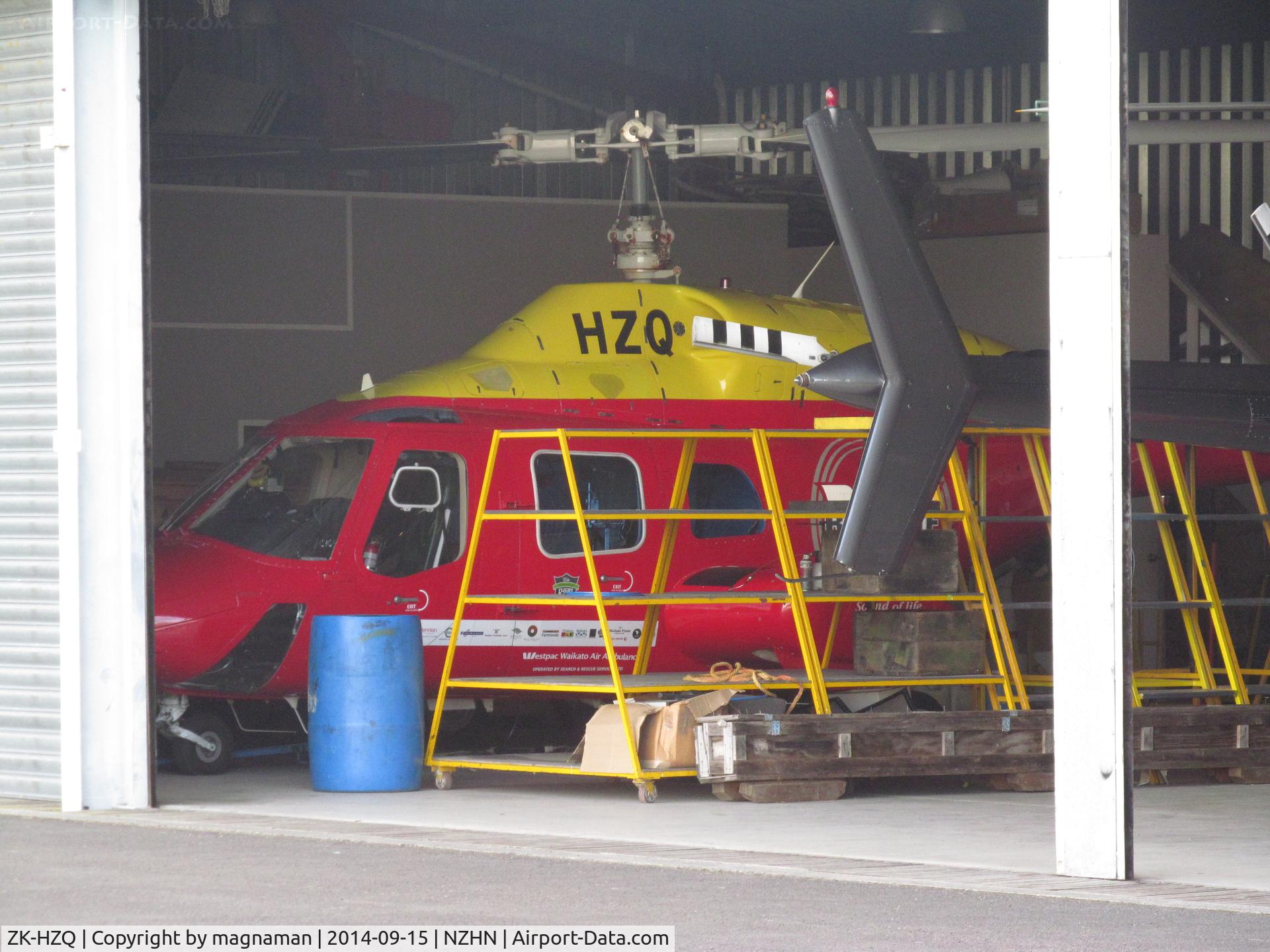ZK-HZQ, Bell 222B C/N 47147, In for checks at Hamilton