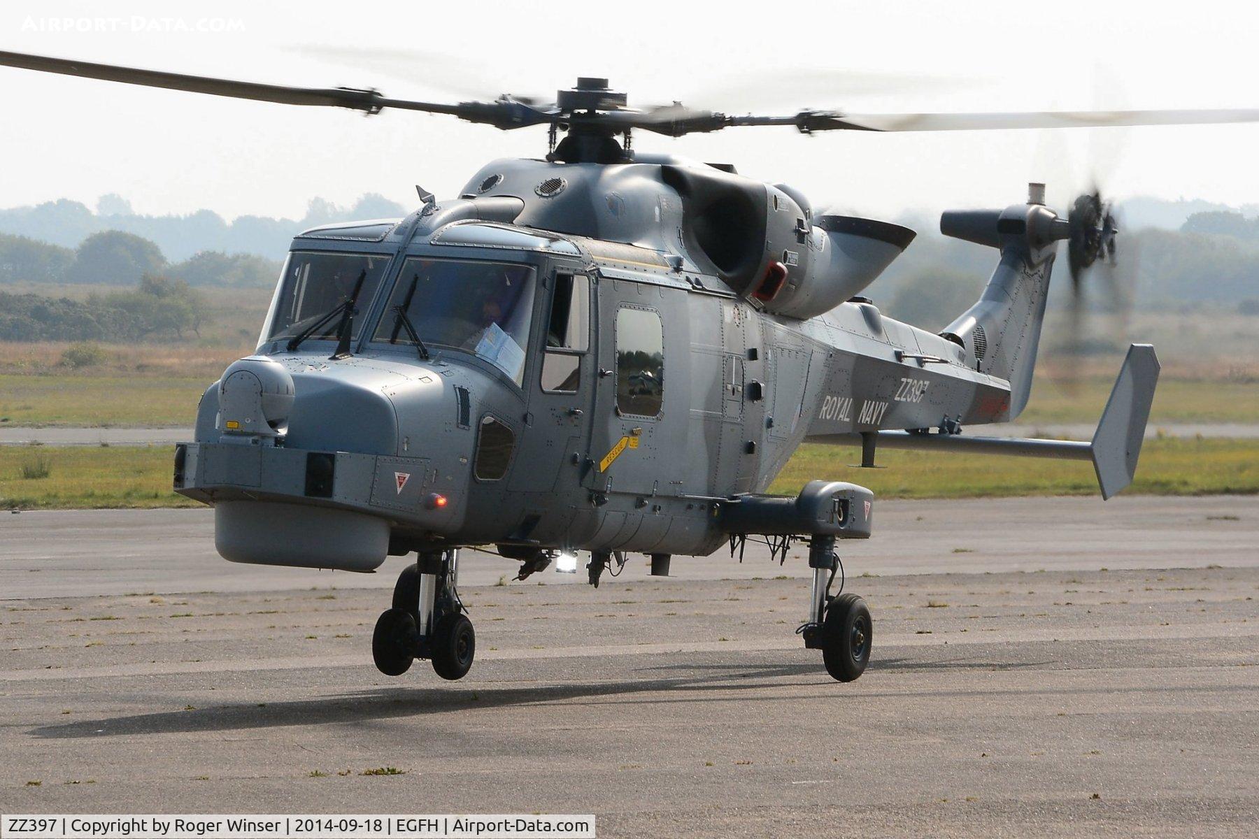 ZZ397, 2013 AgustaWestland AW-159 Wildcat HMA.2 C/N 482, Visiting Navy Wildcat HMA.2 helicopter operated by AgustaWestland, Yeovil setting down at Swansea Airport. 