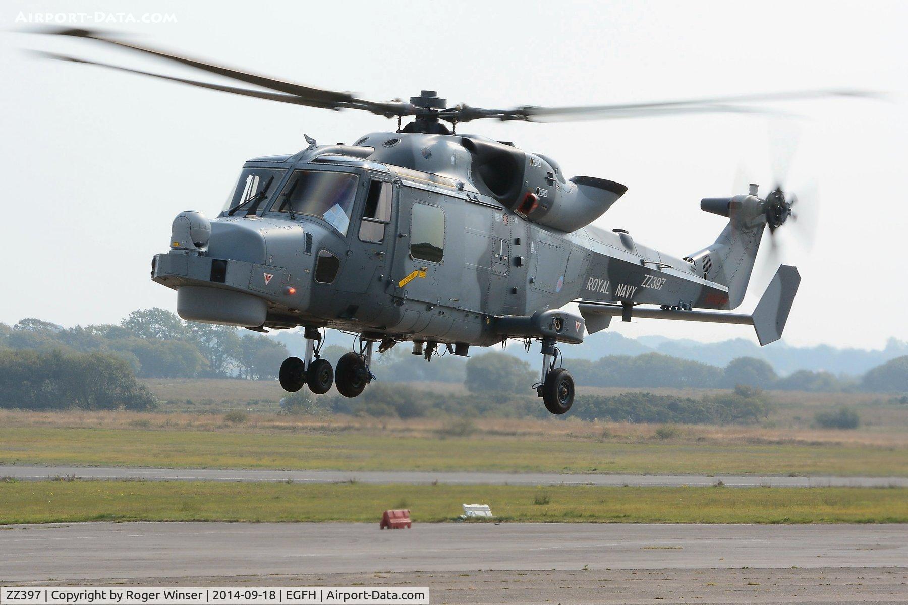 ZZ397, 2013 AgustaWestland AW-159 Wildcat HMA.2 C/N 482, Visiting Navy Wildcat HMA.2 helicopter operated by AgustaWestland, Yeovil departing Swansea Airport after taking on fuel. 