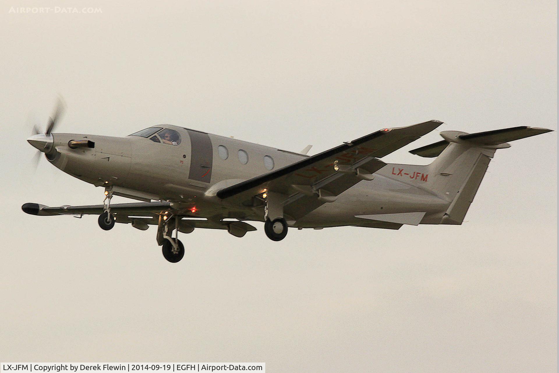 LX-JFM, 2007 Pilatus PC-12/47 C/N 812, Visiting Pilatus PC-12/47, Jetfly Aviation, Geneva based,  seen departing runway 22 at EGFH en-route to an unknown Airfield in France.