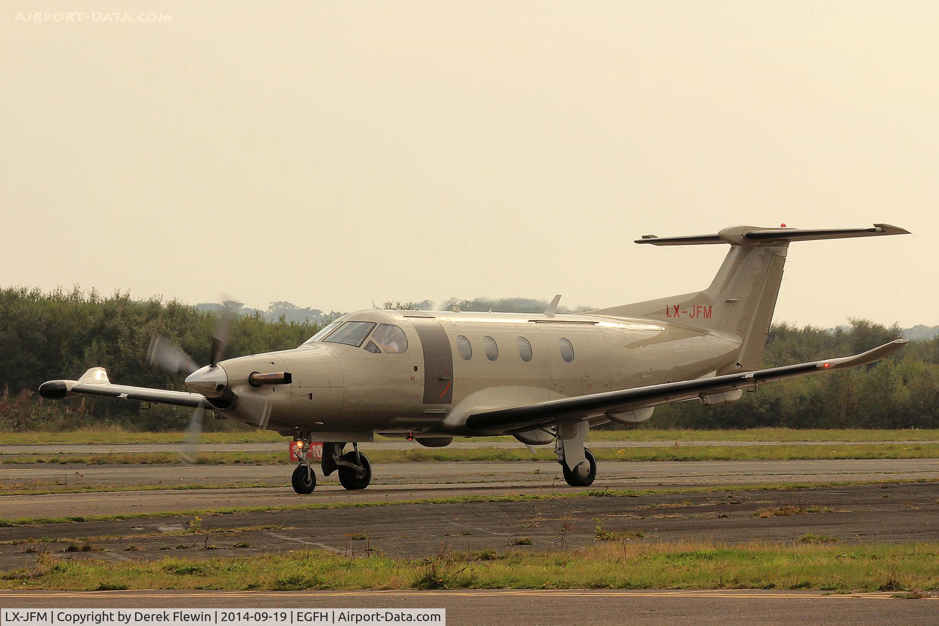 LX-JFM, 2007 Pilatus PC-12/47 C/N 812, Visiting Pilatus PC-12/47, Jetfly Aviation, Geneva based, seen taxxing shortly after landing on runway 22 at EGFH, out of Denham Aerodrome.
