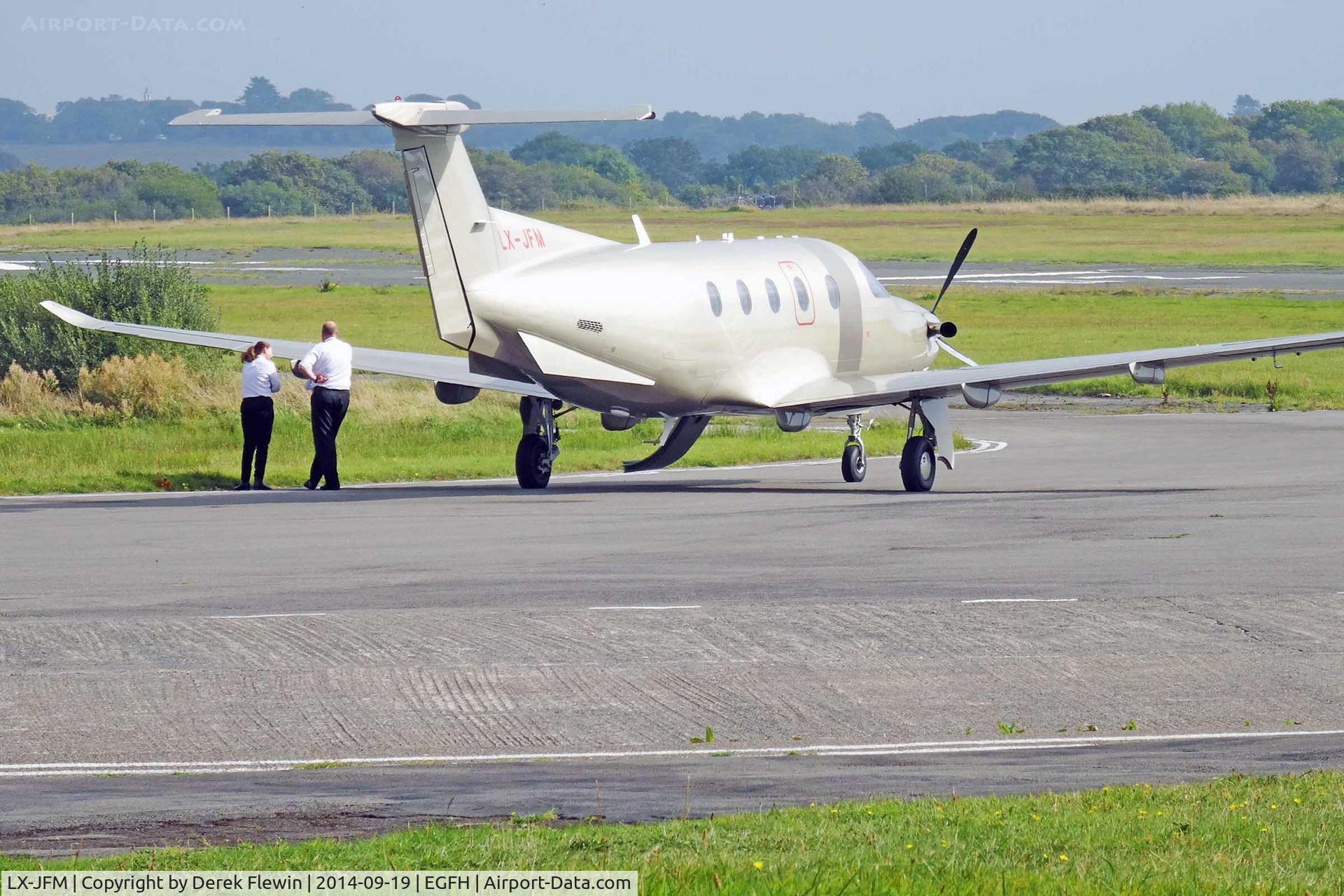 LX-JFM, 2007 Pilatus PC-12/47 C/N 812, Visiting Pilatus PC-12/47, Jetfly aviation, Geneva based, seen parked up at EGFH complete with crew.