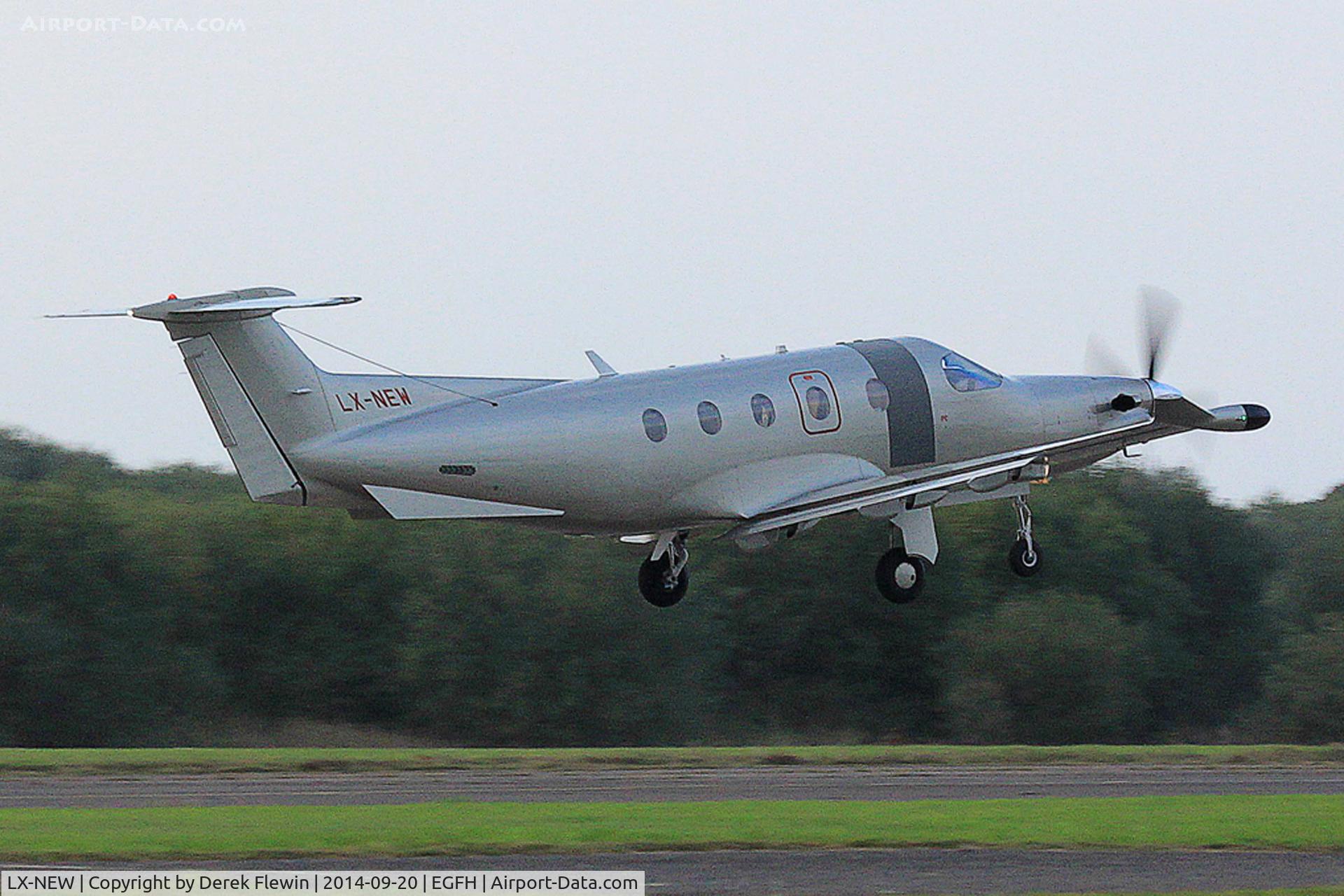 LX-NEW, 2009 Pilatus PC-12/47E C/N 1148, Visiting Pilatus PC-12/47E, Jetfly Aviation, Geneva based, previously HB-FRV, seen departing runway 04 at EGFH, en-route to Elstree Aerodrome.