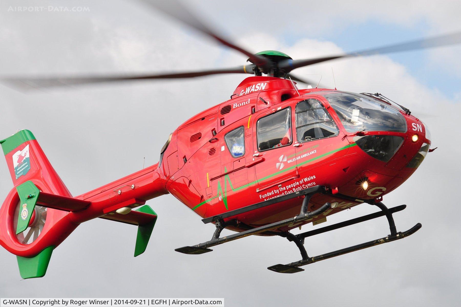 G-WASN, 2008 Eurocopter EC-135T-2+ C/N 0746, Resident Wales Air Ambulance helicopter (Helimed 57) returning to base.