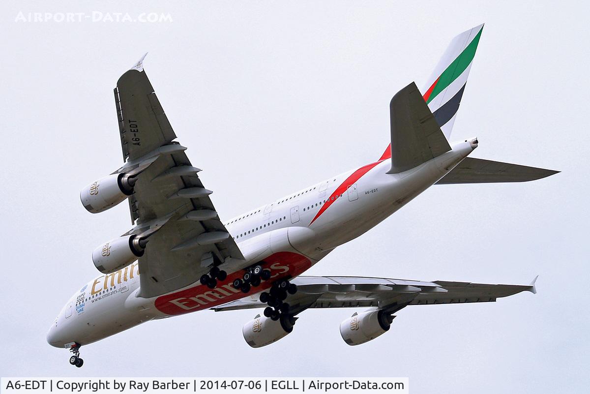 A6-EDT, 2011 Airbus A380-861 C/N 090, Airbus A380-861 [090] (Emirates Airlines) Home~G 06/07/2014. On approach 27R.