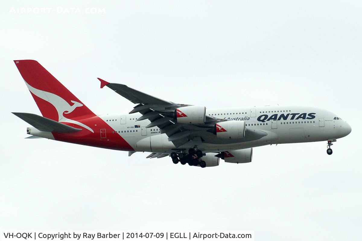 VH-OQK, 2011 Airbus A380-842 C/N 063, Airbus A380-841 [063] (QANTAS) Home~G 09/07/2014. On approach 27L.