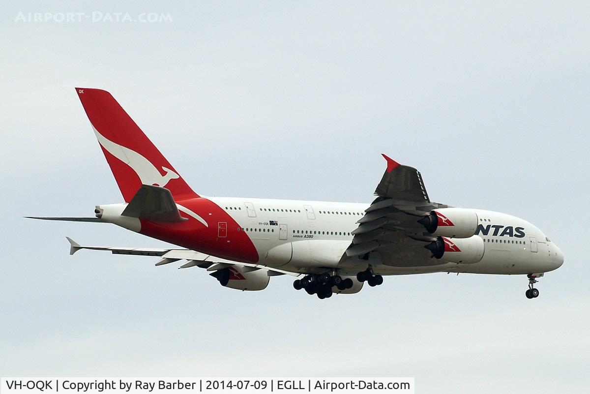 VH-OQK, 2011 Airbus A380-842 C/N 063, Airbus A380-841 [063] (QANTAS) Home~G 09/07/2014. On approach 27L.