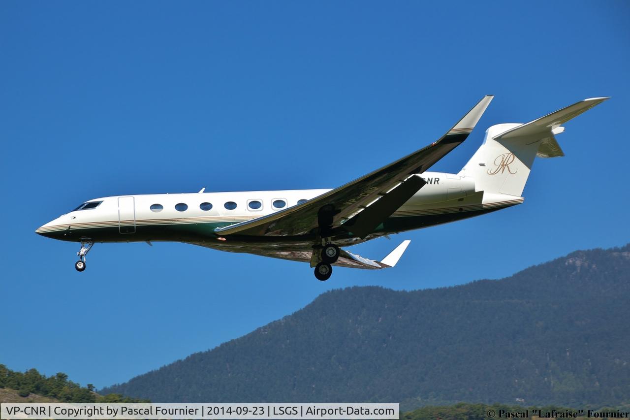 VP-CNR, 2006 Gulfstream Aerospace GV-SP (G550) C/N 5113, VP-CNR on final for runway 25 in Sion LSGS (Switzerland)