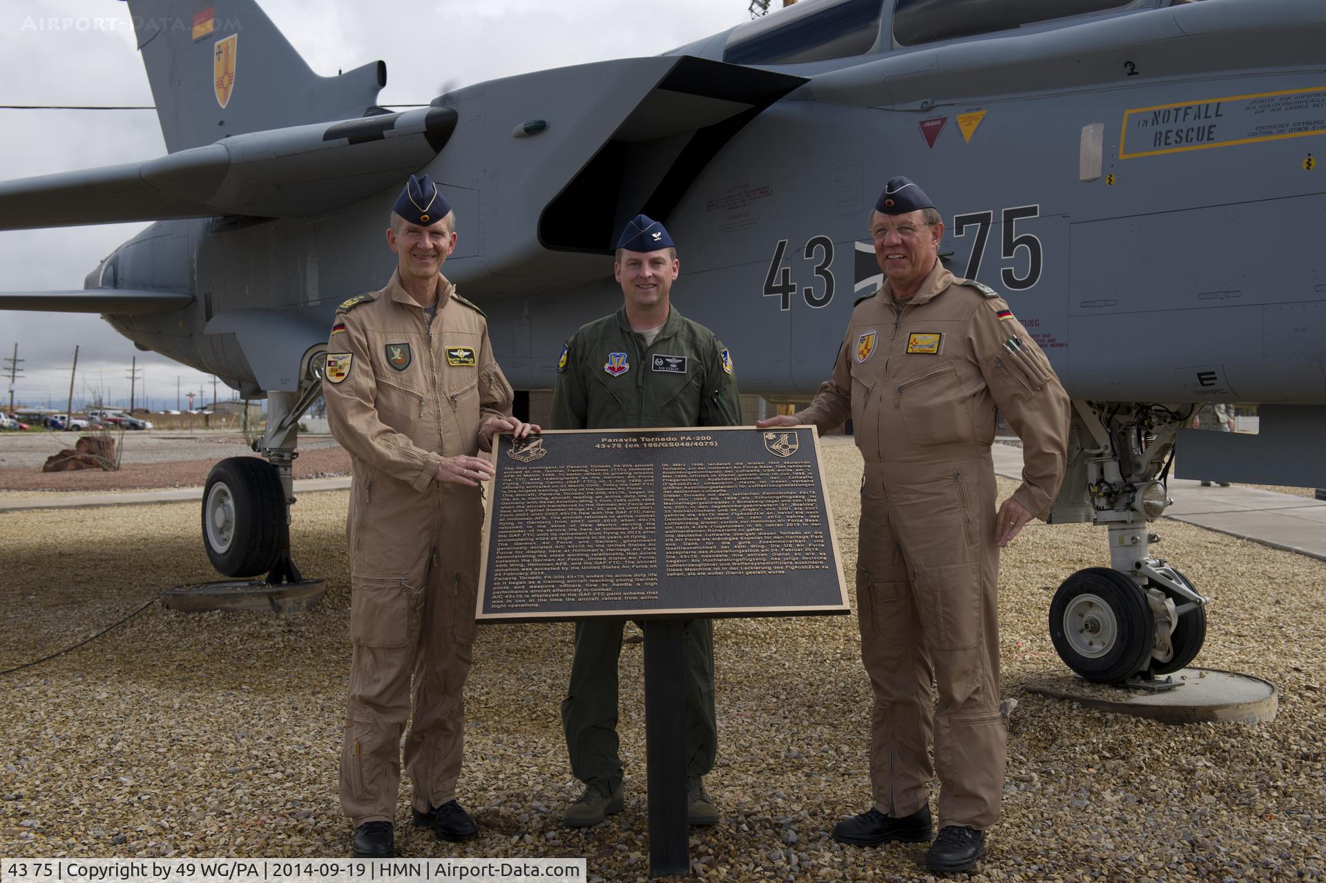 43 75, 1983 Panavia Tornado IDS C/N 196/GS048/4075, Tornado 43+75 after its formal installation at the Holloman AFB Heritage Airpark 19 Sep 2014.  The aircraft was donated to the USAF by the German government and is now owned by the USAF Museum System.