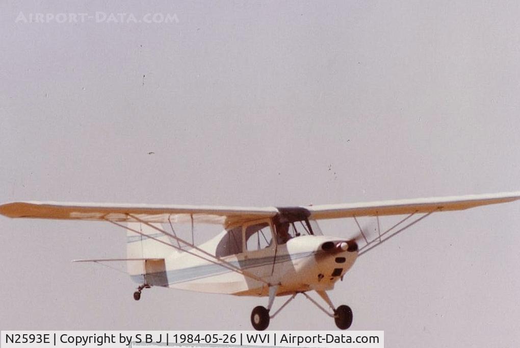 N2593E, 1946 Aeronca 7AC Champion C/N 7AC-6175, 93E on short final at the 20th annual Watsonville West Coast flyin.In the 70s&80s the plane enthusiast just didnt miss the Watsonville flyin on Memorial Day weekend and the Merced flyin the following weekend.Many long distance antiquers did both.