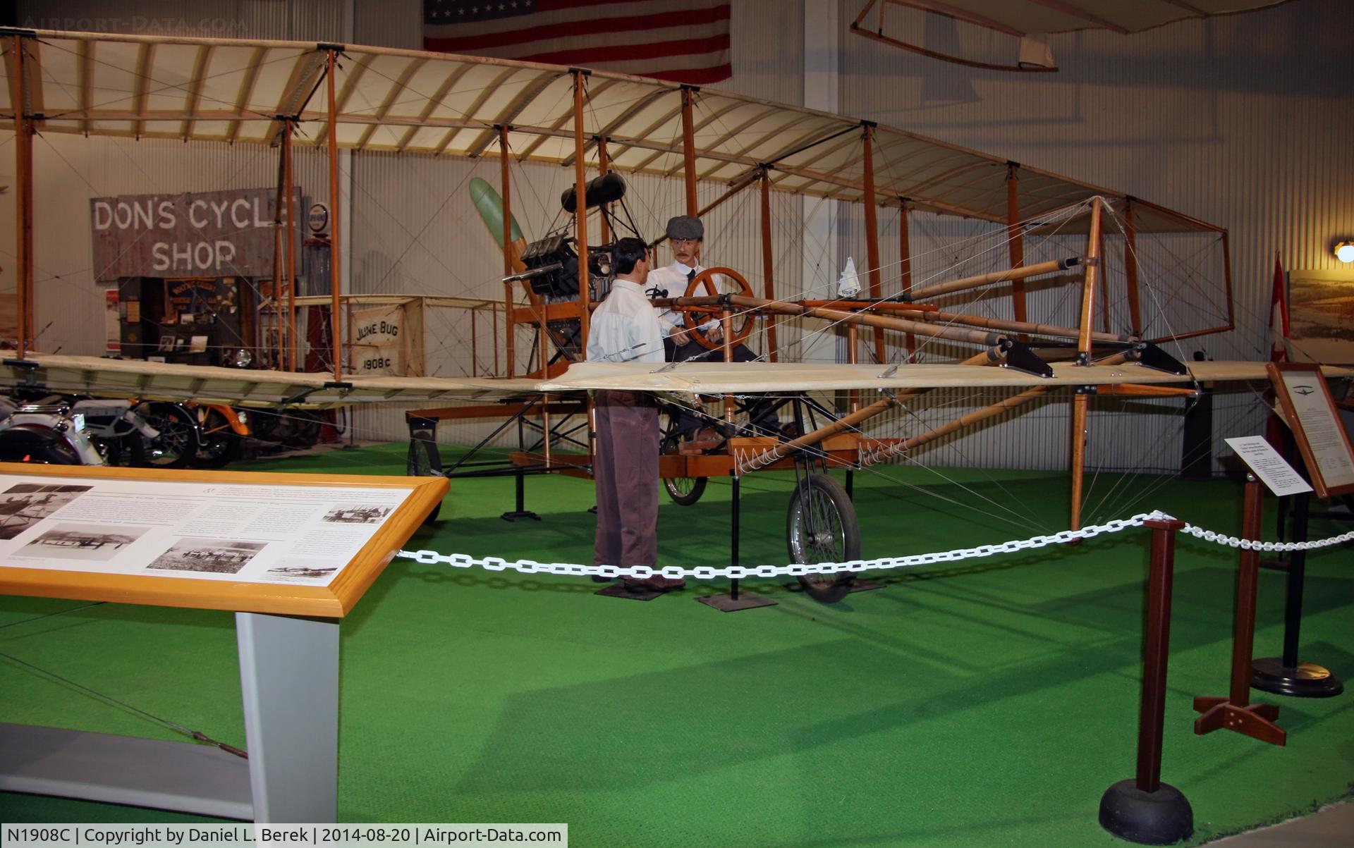 N1908C, 1976 Mercury Aircraft Inc CURTISS JUNE BUG C/N MAJB-01, This is the only flying replica of an 1908 aircraft anywhere in the world.  The June Bug was the first airplane to feature ailerons, a tricycle landing gear, and a steerable nosewheel.
