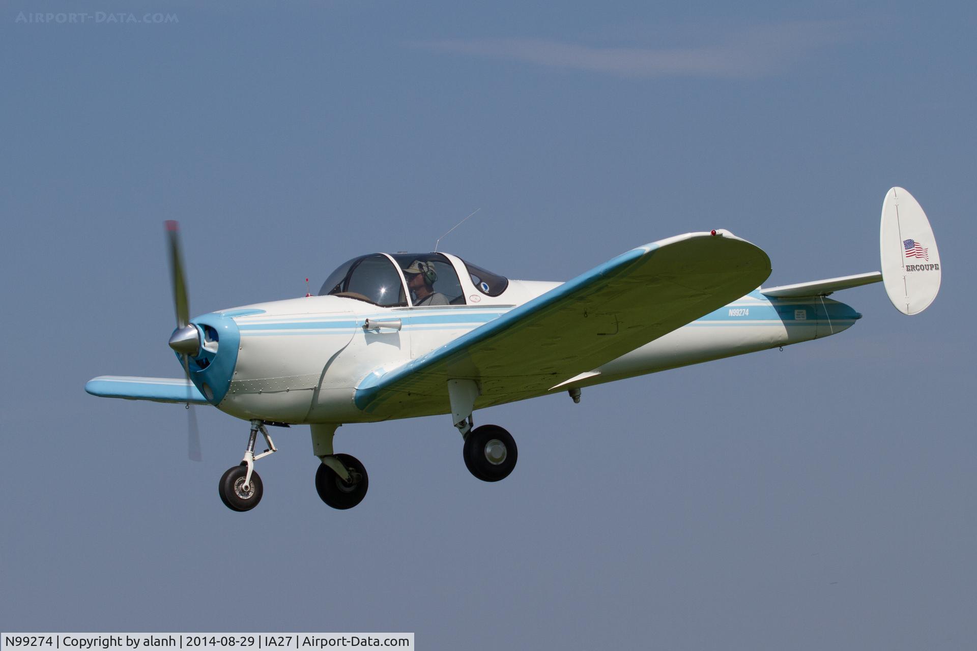N99274, 1946 Erco 415C Ercoupe C/N 1897, Landing at Antique Airfield, Blakesburg
