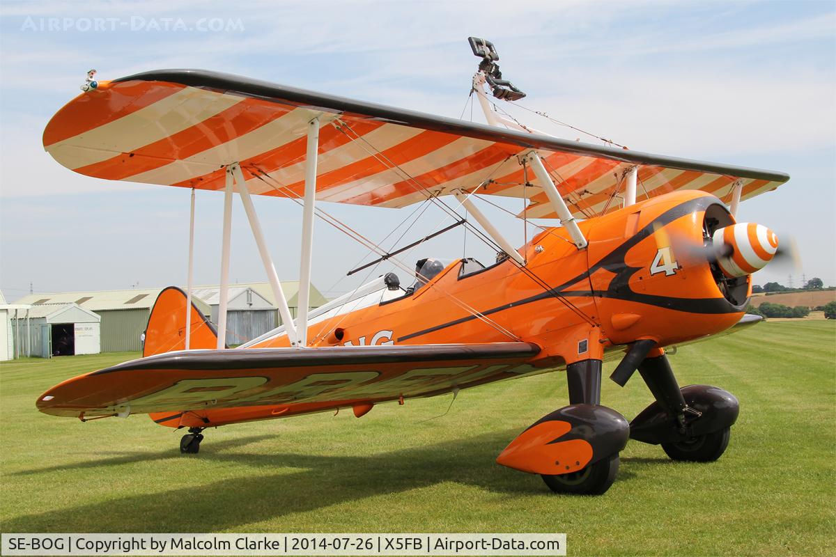 SE-BOG, 1942 Boeing N2S-3 Kaydet (B75N1) C/N 75-7128, Boeing B75N-1 Stearman prior to a wing walking performance at the 2014 Sunderland Air Show. Fishburn Airfield, July 26th 2014.