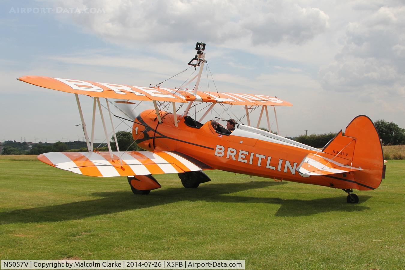 N5057V, 1942 Boeing A75N1(PT17) C/N 75-5598, Boeing B75N-1 Stearman prior to a wing walking performance at the 2014 Sunderland Air Show. Fishburn Airfield, July 26th 2014.