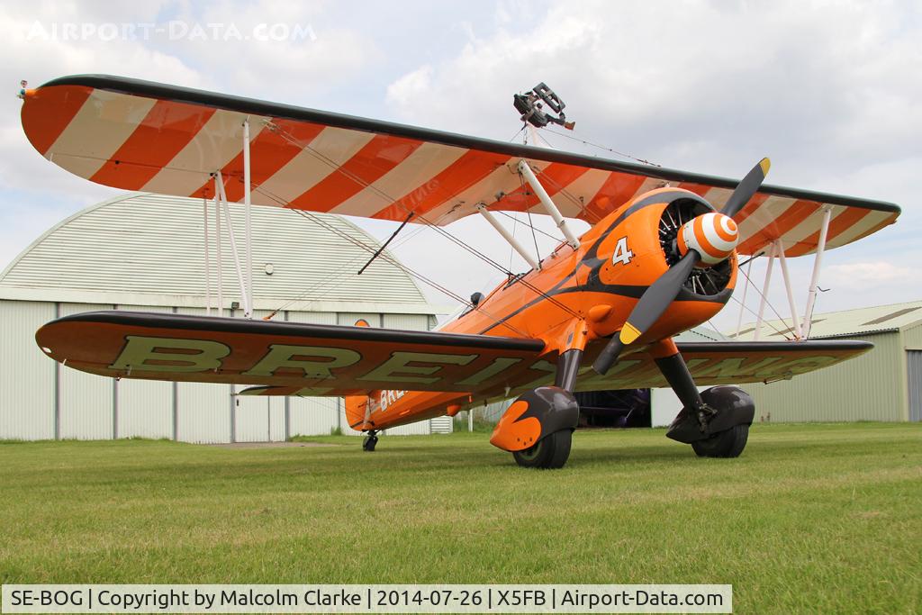 SE-BOG, 1942 Boeing N2S-3 Kaydet (B75N1) C/N 75-7128, Boeing B75N-1 Stearman prior to a wing walking performance at the 2014 Sunderland Air Show. Fishburn Airfield, July 26th 2014.