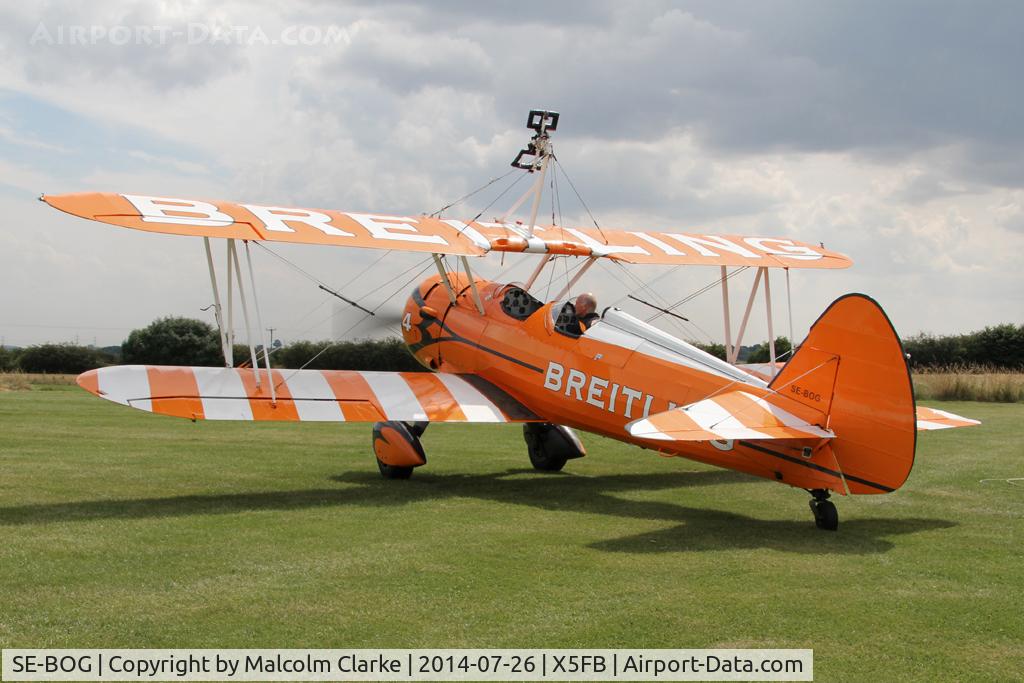 SE-BOG, 1942 Boeing N2S-3 Kaydet (B75N1) C/N 75-7128, Boeing B75N-1 Stearman prior to a wing walking performance at the 2014 Sunderland Air Show. Fishburn Airfield, July 26th 2014.