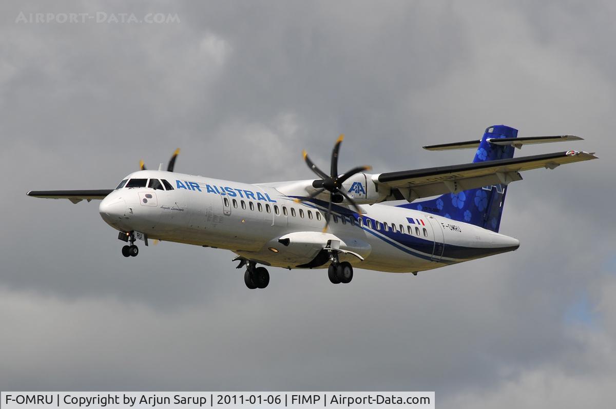 F-OMRU, 2008 ATR 72-212A C/N 855, 'Auguste Lacaussade' approaching rwy 14 at Plaisance under cloudy skies.