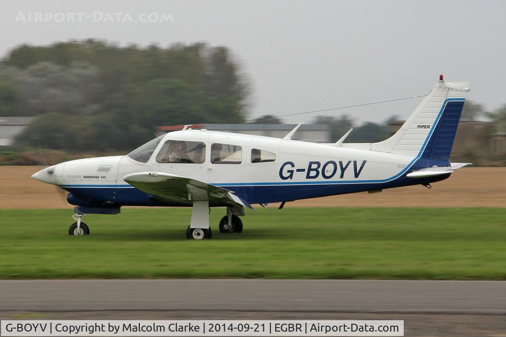 G-BOYV, 1977 Piper PA-28R-201T Turbo Cherokee Arrow III C/N 28R-7703014, Piper PA-28R-201T Turbo Arrow III at the Real Aeroplane Club's Helicopter Fly-In, Breighton Airfield, North Yorkshire, September 21st 2014.