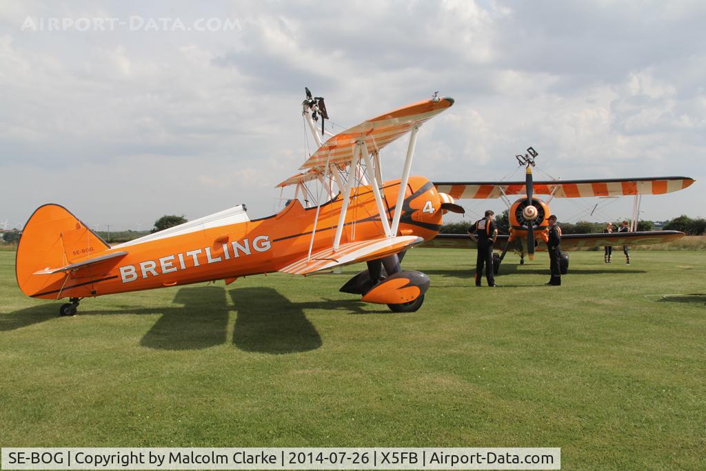 SE-BOG, 1942 Boeing N2S-3 Kaydet (B75N1) C/N 75-7128, Boeing B75N-1 Stearman prior to a wing walking performance at the 2014 Sunderland Air Show. Fishburn Airfield, July 26th 2014.