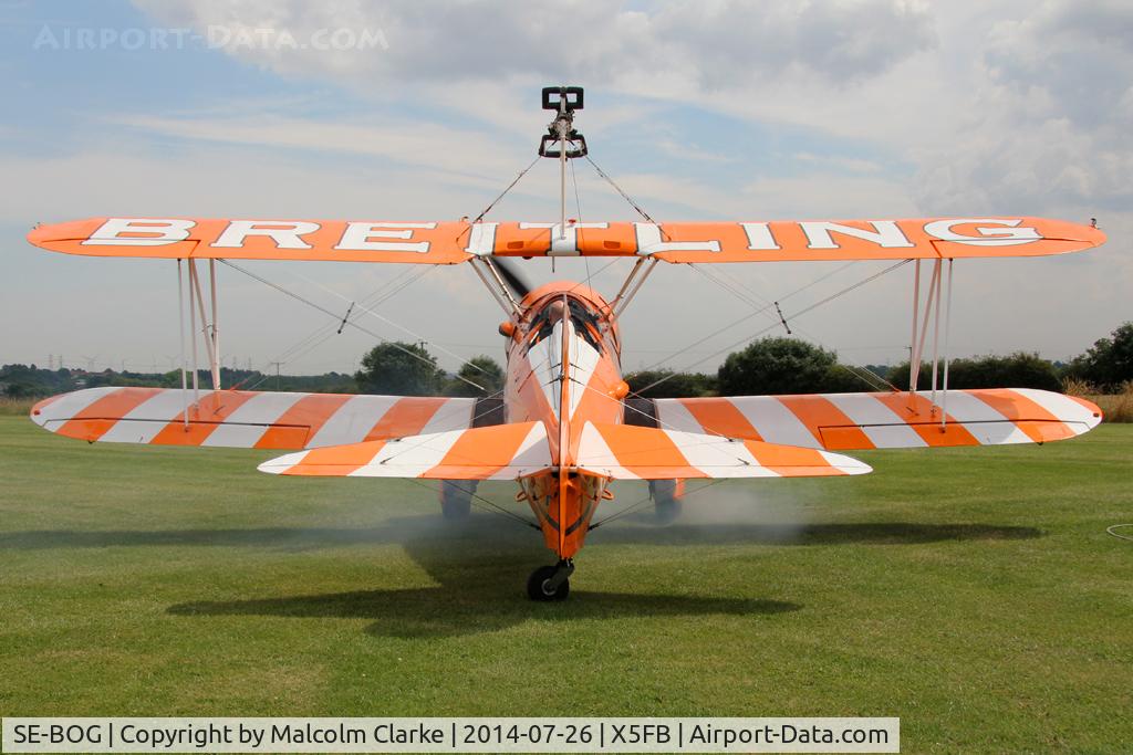 SE-BOG, 1942 Boeing N2S-3 Kaydet (B75N1) C/N 75-7128, Boeing B75N-1 Stearman prior to a wing walking performance at the 2014 Sunderland Air Show. Fishburn Airfield, July 26th 2014.