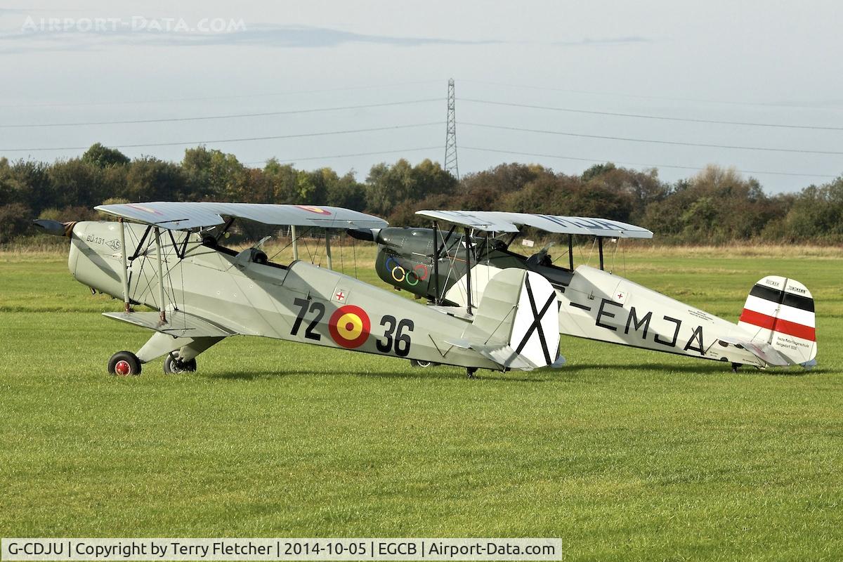 G-CDJU, 1954 CASA 1-131E Jungmann C/N 1078, One real and one replica Jungmann side by side at City of Manchester Airport