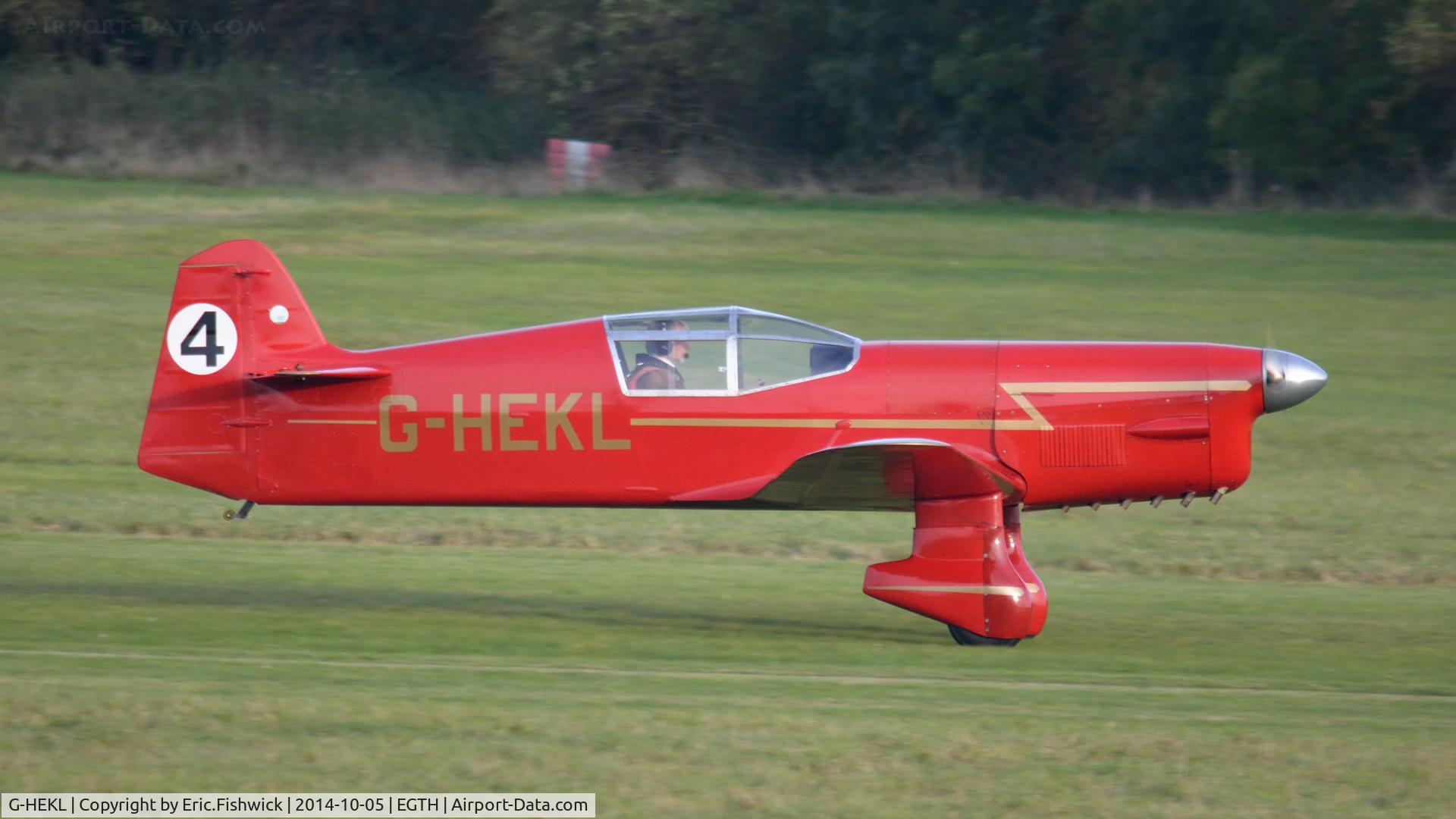 G-HEKL, 2008 Percival Mew Gull replica C/N PFA 013-14759, 42. G-HEKL departing the rousing season finale Race Day Air Show at Shuttleworth, Oct. 2014.