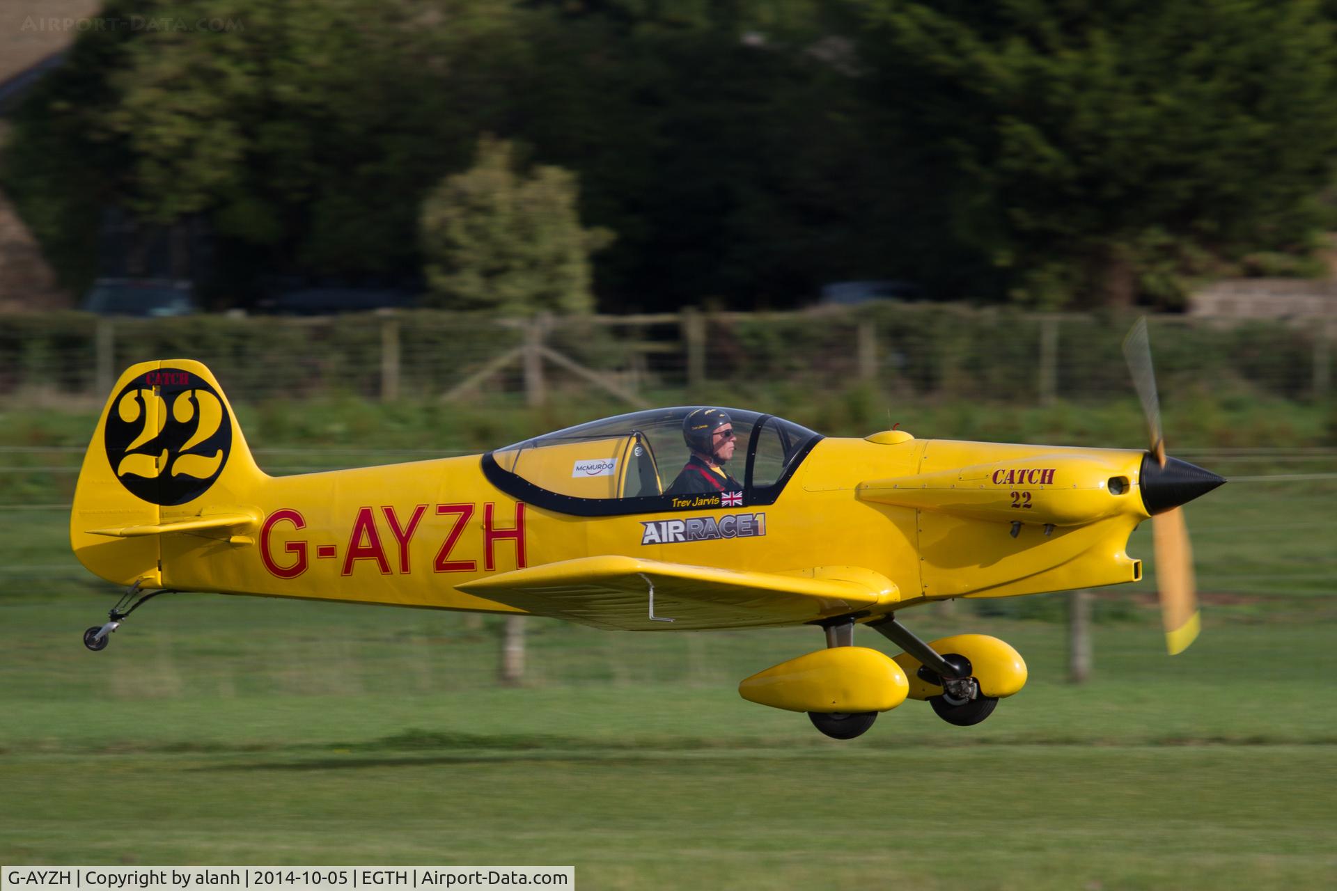 G-AYZH, 2007 Taylor JT-2 Titch C/N PFA 060-1316, Getting airborne at the Shuttleworth Trust's 2014 'Race Day' airshow for an F1 racing demo (with Cosmic Wind G-ARUL)