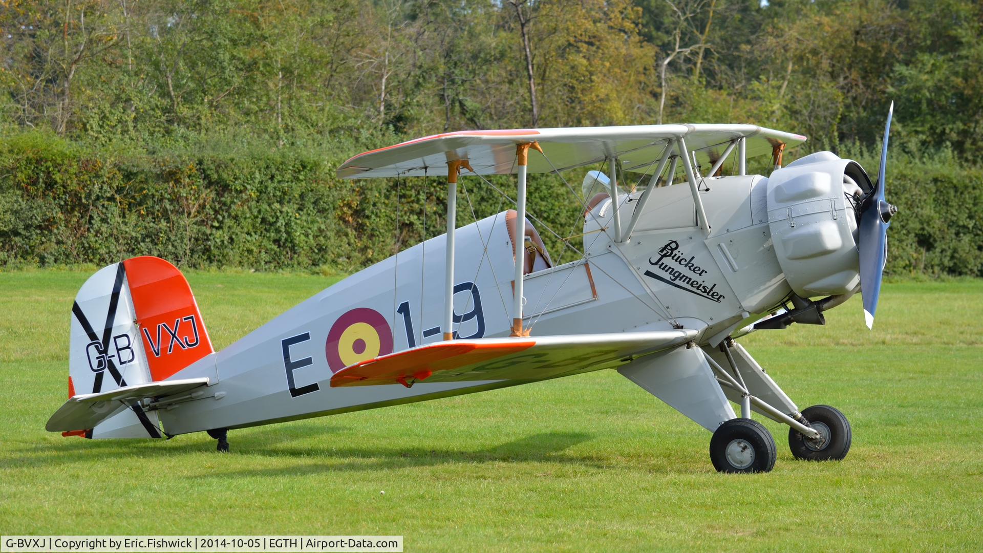 G-BVXJ, 1937 Bucker Bu-133C Jungmeister C/N E-19, 3. G-BVXJ at the rousing season finale Race Day Air Show at Shuttleworth, Oct. 2014.