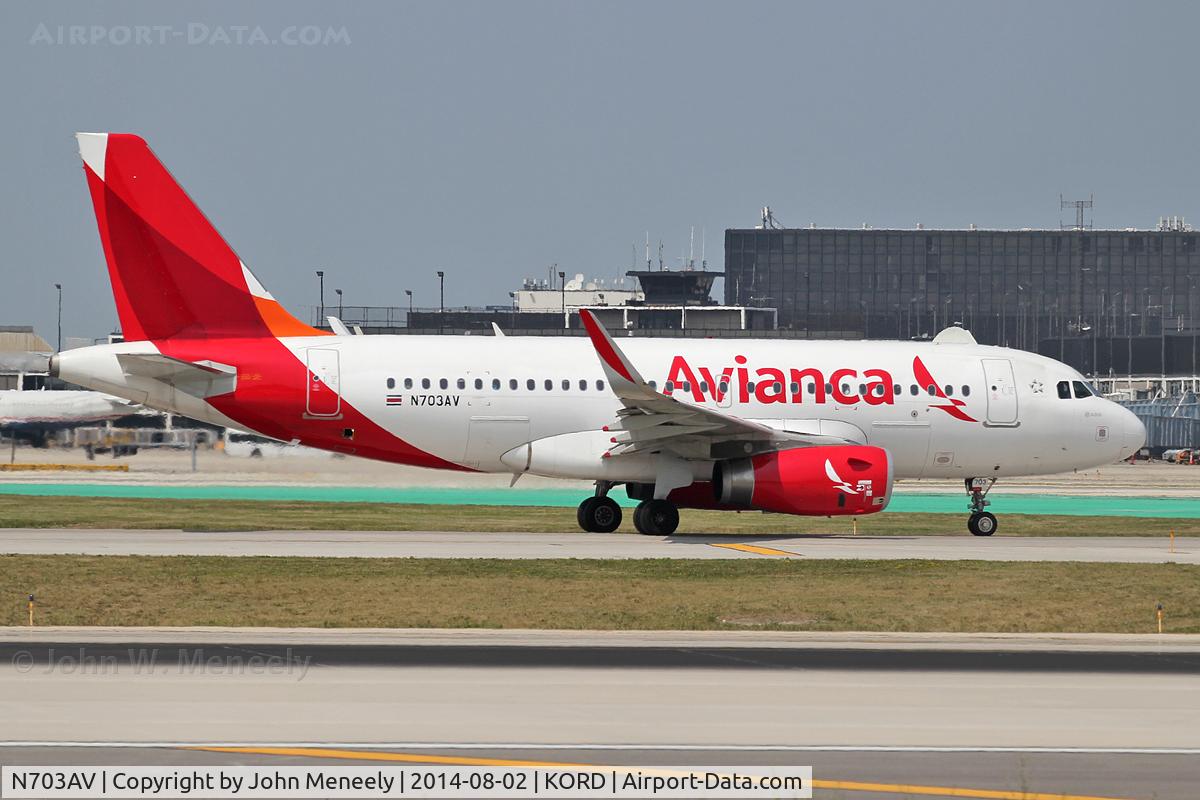 N703AV, 2012 Airbus A319-132 C/N 5406, Avianca 'Bus with sharklets taxiing to the terminal at ORD