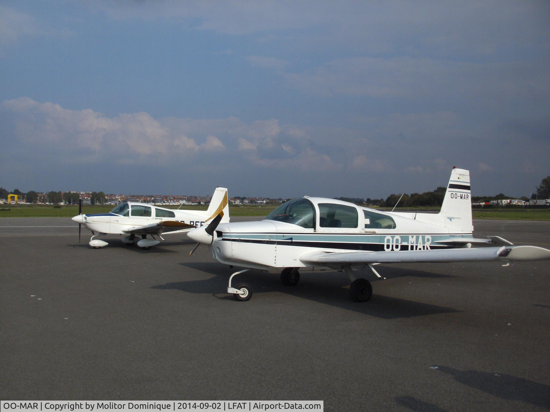 OO-MAR, 1973 Grumman American AA-5 Traveler C/N AA5-0424, Flying in formation till engine shutdown together with another Grumman OO-PEF (AA5B) during a one day visit to the local ATC airport staff & colleague living in Le Touquet.