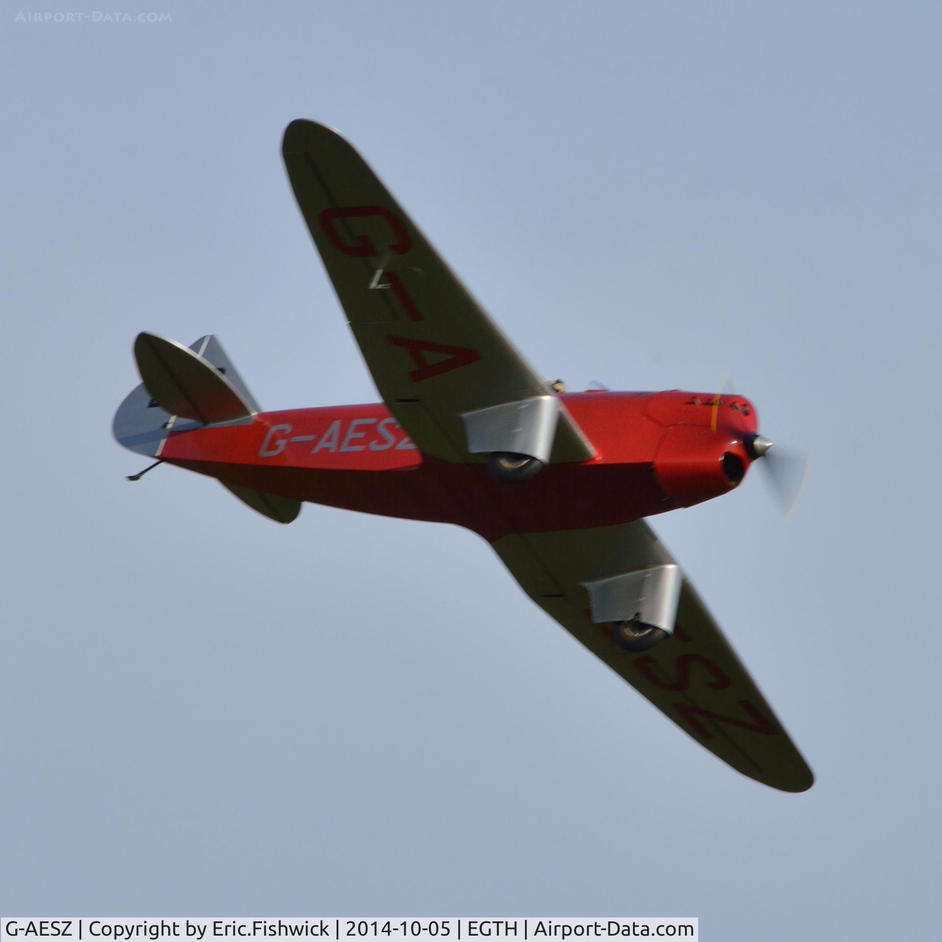 G-AESZ, 1937 Chilton DW1 C/N DW1/1, 44 G-AESZ (Winner of the Air Race) in display mode at the the rousing season finale Race Day Air Show at Shuttleworth, Oct. 2014.