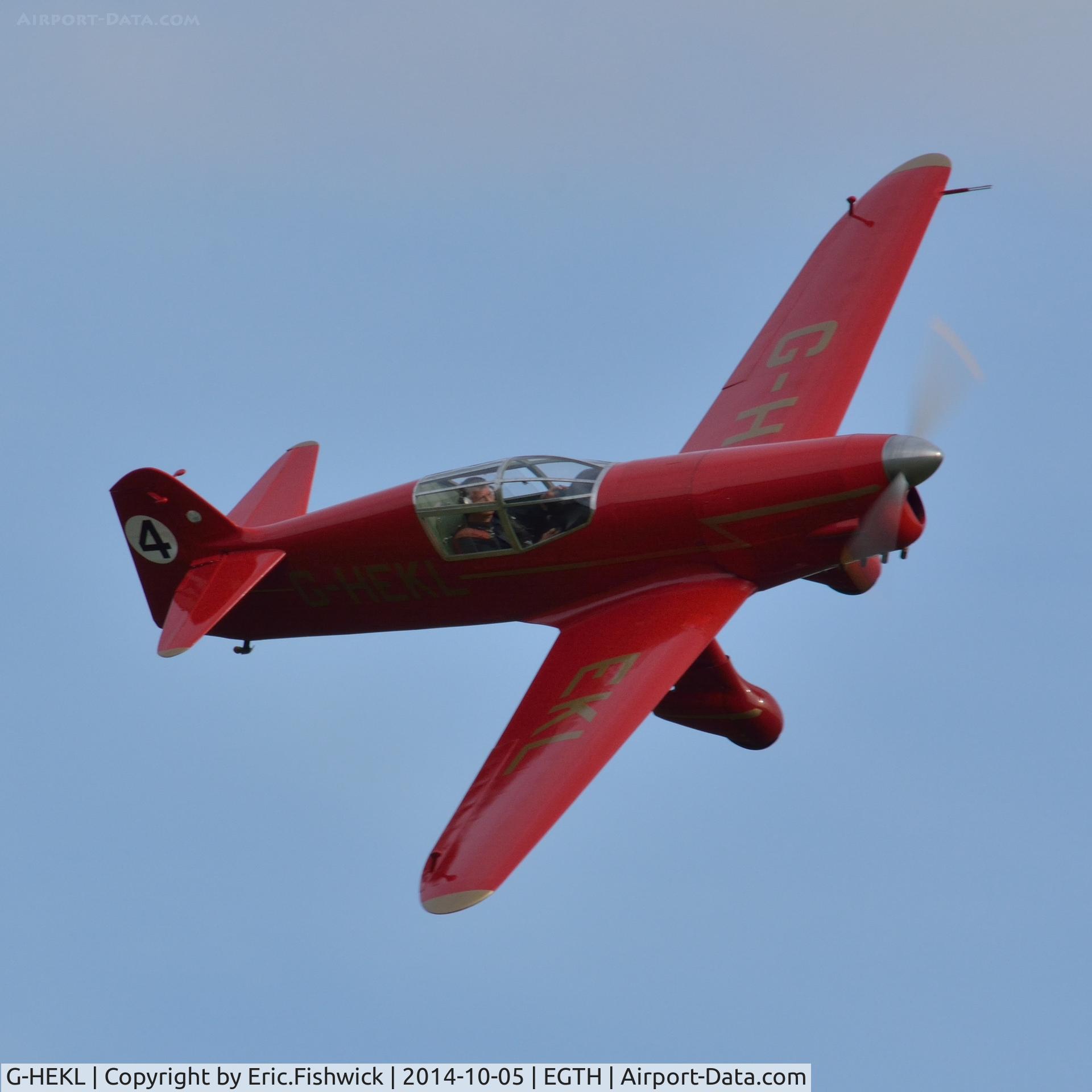 G-HEKL, 2008 Percival Mew Gull replica C/N PFA 013-14759, 43. G-HEKL in display mode at the rousing season finale Race Day Air Show at Shuttleworth, Oct. 2014.
