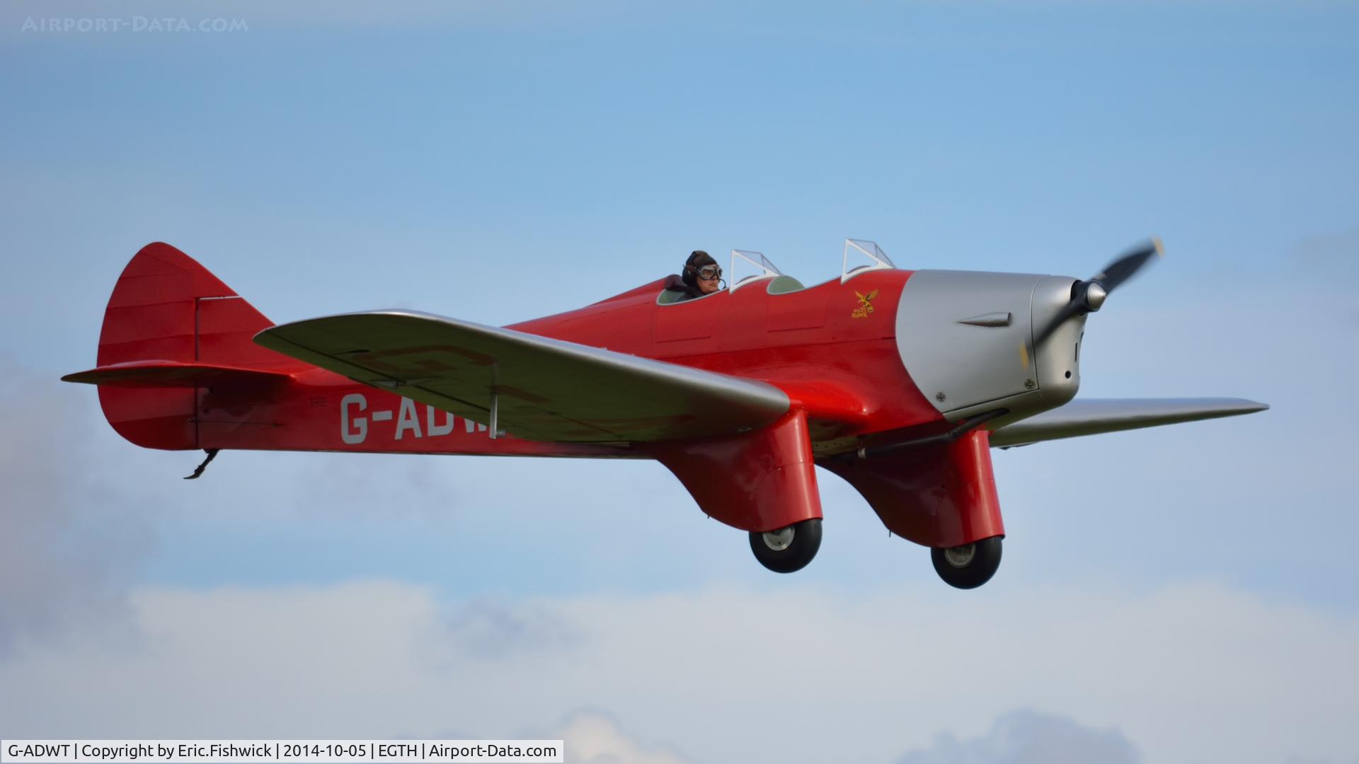 G-ADWT, 1935 Miles M2W Hawk Trainer C/N 215, 43. G-ADWT in display mode at the rousing season finale Race Day Air Show at Shuttleworth, Oct. 2014.
